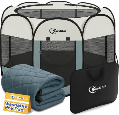 Siedihit Dog Playpen Tent Crate Cage with Washable Pee Pad, Ex-Large Grey