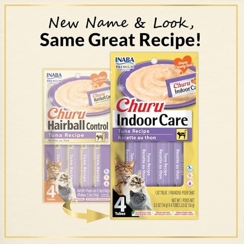 INABA Churu Indoor Care for Hairball Control, Functional Lickable Cat Treat with Taurine & Green Tea Extract, 0.5oz Each, 24 Tubes Total, Tuna Recipe