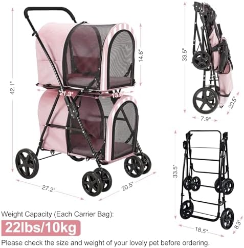 Double Pet Stroller for 2 Cats or 2 Dogs with Detachable Carriers