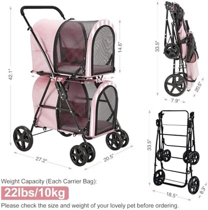Double Pet Stroller for 2 Cats or 2 Dogs with Detachable Carriers