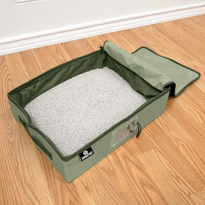 SportPet Designs Portable Travel Litter Box for Cats, Large Collapsible with Zippered Lid, Water-Resistant & Leak-Resistant Cat Litter Tray for Travel, Green