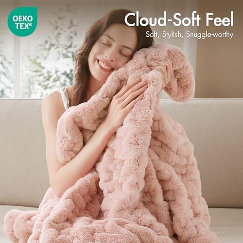 Madison Park Ruched Fur Throw Faux Fur Blanket for Sofa, 50" x 60", Blush