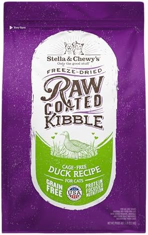 Stella & Chewy's Raw Coated Cat Food - High Protein, Grain-Free Kibble with Cage-Free Duck - Premium Digestive Support with Probiotics - All Natural Small Kibble - Perfect For Picky Eaters - 5 lb Bag
