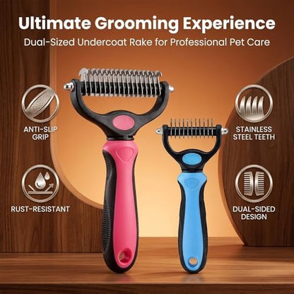 Dematting Comb for Dogs and Cats, Undercoat Rake Pet Brush for Long Hair, Deshedding Dog Brush Removes Tangles Knots and Loose Fur, Grooming Tool for Thick Coats (Blue M*2)