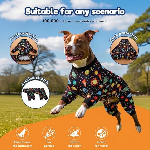 LovinPet Pajamas for Large Dogs, Big Dogs Onesies, Big Dog Pajamas, Post Surgery, Wound Care, Lightweight Stretchy Fabric, Interstellar Black Print, Dog Jumpsuit, Anti Licking, Pet PJ's, 2XL
