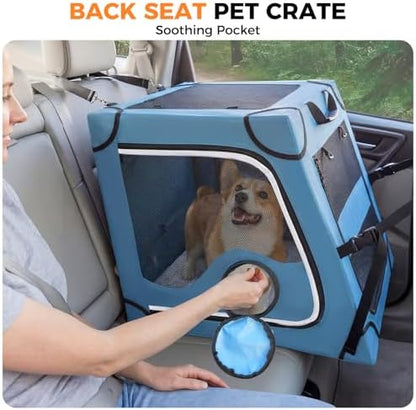 Snagle Paw Portable Dog Crate for Car Travel,Metal Frame Pet Crate,Pet Carrier for Car Back Seat Secures with Headrest Strap and Seatbelt,M
