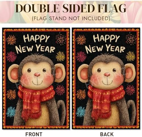 Happy New Year Garden Flag 12x18 Double Sided Vertical Linen Small Fireworks Monkey House Flag Welcome Holiday Winter House Outdoor Outside Decorations (27182)