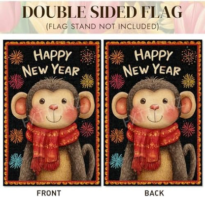 Happy New Year Garden Flag 12x18 Double Sided Vertical Linen Small Fireworks Monkey House Flag Welcome Holiday Winter House Outdoor Outside Decorations (27182)