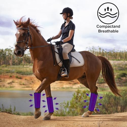 FOXLVDA Horse Fly Boots - Fly Boots for Horses Set of 4, Comfortable Breathable Mesh Equine Leg Leggings, Adjustable & UV Protective with Support Bars for Reduce Stomping & Leg Fatigue (Purple, Large)