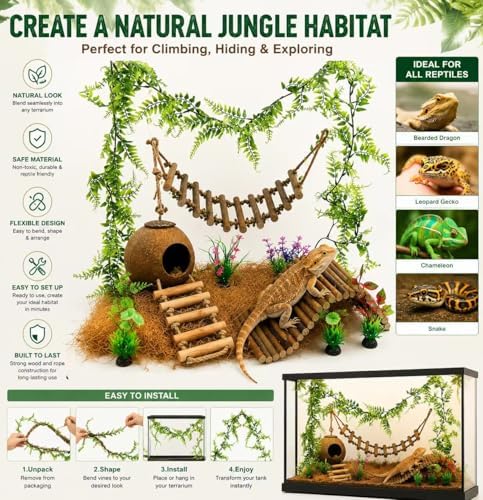 Crested Gecko Tank Accessories, Reptile Bridge and Plants with Coconut Shell Ladder Hideout, Natural Terrarium Decor for Lizard, Chameleon, Leopard Gecko, Snake, Hermit Crab and Tortoise (Group B)