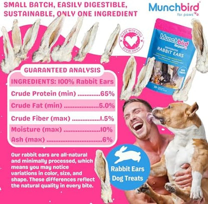 Munchbird Dehydrated Rabbit Ears for Dogs, Bulk, 35-45 Pieces, 10.5 oz, Natural Fiber