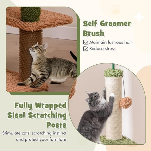 PETSITE 60 inch Cactus Cat Tree Tower, Multi-Level Cat Tower with Sisal Scratching Posts, Sisal Rope, Hanging Ball, Self Groomer and Decorative Faux Plant, Cute Cat Tree for Indoor Cats