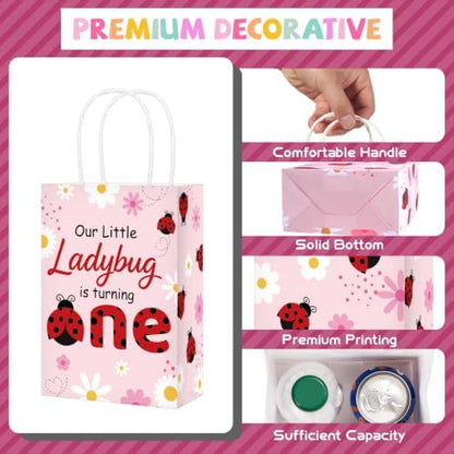 Greencian 16Pcs Ladybug 1st Birthday Party Favor Bags for Girls Goodie Bags
