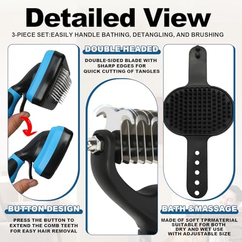 Blue Pet Grooming Kit 3Pcs Dematting Comb for Dogs&Cats Shedding