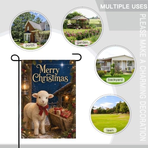 Christmas Lamb House Flag 28x40 Inch Merry Holiday Sheep Bow Wheelbarrow Gifts Stable Lantern Snowy Rustic Farmhouse Outdoor Yard Lawn Porch Double Sided Banner Welcome Decor