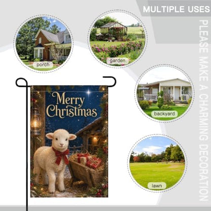 Christmas Lamb House Flag 28x40 Inch Merry Holiday Sheep Bow Wheelbarrow Gifts Stable Lantern Snowy Rustic Farmhouse Outdoor Yard Lawn Porch Double Sided Banner Welcome Decor