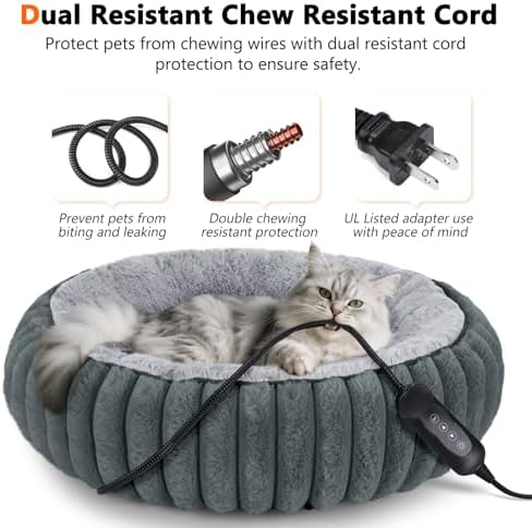 INVENHO Heated Cat Beds for Indoor Cats and Small Dogs, 24" Cozy Donut Heated Pet Bed with Timer & Temp Adjustable, Removable Waterproof Electric Warming Bed for Indoor Cat