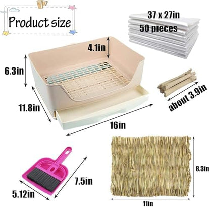kathson Large Rabbit Litter Box with Drawer, Potty Trainer Corner Toilet Bigger Pet Pan Bunny Litter Box Tray with Grass Mat for Adult Guinea Pigs, Chinchilla, Hamster Ferret (Brown)