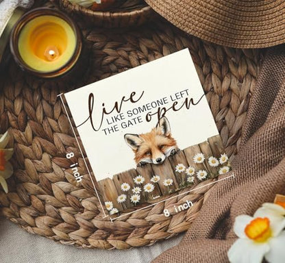 Fox Wooden Box Sign - Rustic Farmhouse Live Like Someone Left the Gate Open Signs for Home Decor,Farm Cottagecore Animal Office Kitchen Bedroom Decor,Fox Gifts for Women Men, 8x8