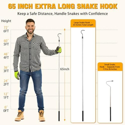 2pcs Snake Hook Set, Heavy Duty Snake Catcher Stainless Steel Snake Handling Tool for Moving Ball Rattlesnakes Python Copperhead with Long Handle (65inch&26inch)