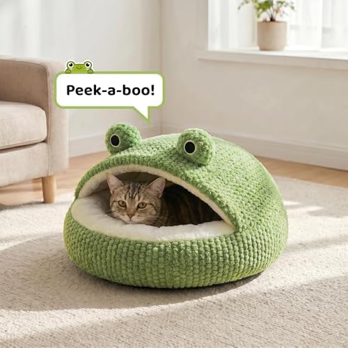 CWV Cute Cat Beds Kitten Beds, Soft Small Dog Beds, Washable Pet Beds for Puppy and Kitty, Funny Frog Cat Cave, 23 Inches
