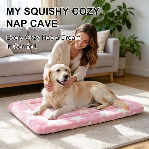 Dog Bed Mat, Reversible Crate Pad & Durable Dog Bed - Machine Washable Kennel Mat with Ultra Soft for Large Dogs (Big&Small Stars Pink, 35" L*23" W*1.5" Th)