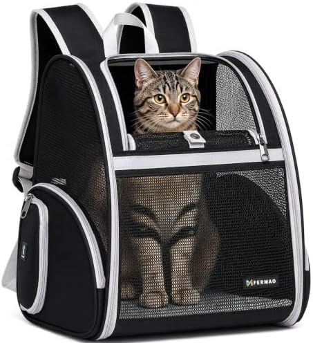 Cat Backpack Carrier for Small Dogs and Medium cat Puppy Kitten Bunny Pet Carrier Backpack Collapsible with Fully Ventilated Mesh with Safety Leash (Black, 12.9" L x 10.62" W x 15.5" H - M)