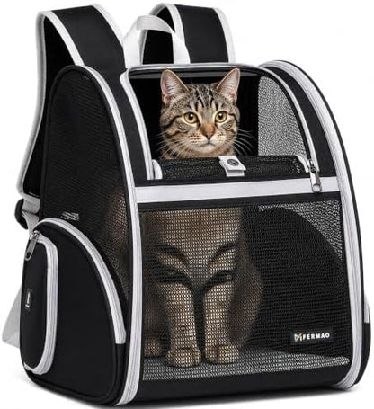 Cat Backpack Carrier for Small Dogs and Medium cat Puppy Kitten Bunny Pet Carrier Backpack Collapsible with Fully Ventilated Mesh with Safety Leash (Black, 12.9" L x 10.62" W x 15.5" H - M)