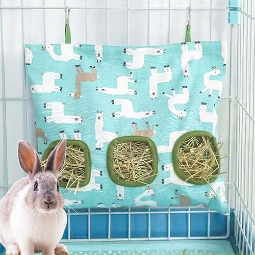 Lesnala 2 Pcs Canvas Hanging Bunny Hay Feeder Bags 3 Holes 2 Styles