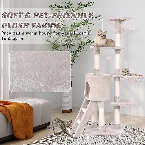 PETSITE 56 Inches Cat Tree for Indoor Cats, Multi-Level Cat Tower with Sisal Scratching Posts and Ladder, Tall Cat Tree with Top Perch, Hammock, Cat Condo & Jumping Platforms for Cats Kittens