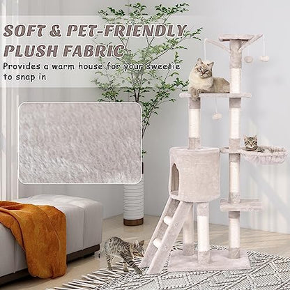 PETSITE 56 Inches Cat Tree for Indoor Cats, Multi-Level Cat Tower with Sisal Scratching Posts and Ladder, Tall Cat Tree with Top Perch, Hammock, Cat Condo & Jumping Platforms for Cats Kittens
