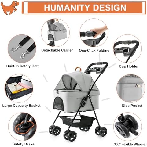 Pet Stroller with Detachable Carrier for Small Dogs & Cats, Gray