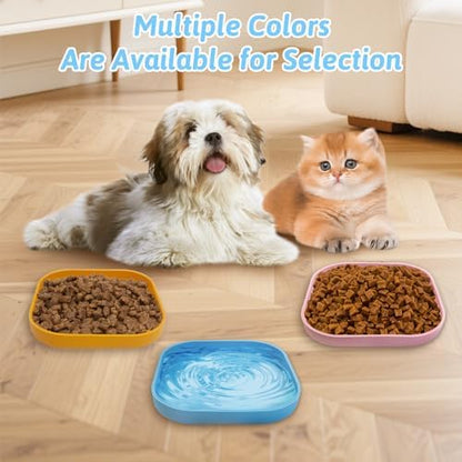 Fhiny 2PCS Silicone Cat Bowls Set 7.1 x 7.1 in Shallow Dog Dish Whisker Friendly Cat Food Plate for Dry & Wet Food Dishwasher Safe Non-Slip Pet Feeding Bowls for Kittens and Puppies (Pink+Blue)
