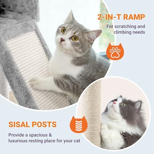 Allewie 81 Inches Tall Cat Tree/Multi-Level Large Climbing Tree House and Towers for Big Feline/Condo and Hammock/Scratching Post/Wide Base/Grey