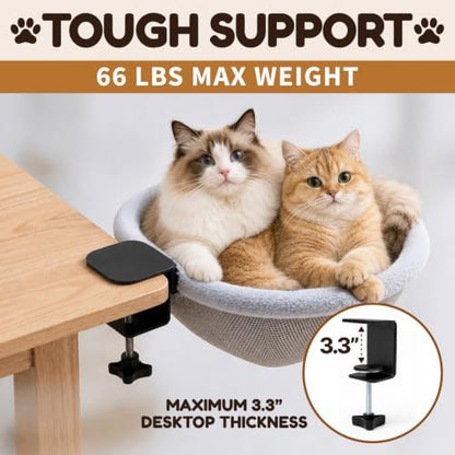 Cat Desk Bed, Clamp-On Cat Bed for Desk with Soft Fleece & Breathable Mesh, Foldable Cat Desk Hammock Holds 66 lbs, Fits Desks up to 3.3", Desk Cat Bed Attachment for Home Office, Bedside & Counter