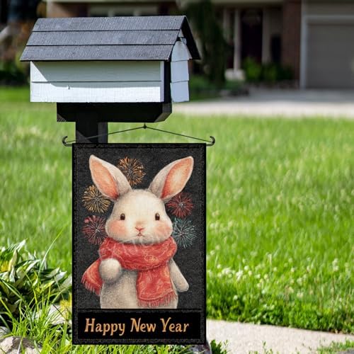 Happy New Year Garden Flag 12x18 Double Sided Vertical Linen Small Fireworks Rabbit House Flag Welcome Holiday Winter House Outdoor Outside Decorations (27179)