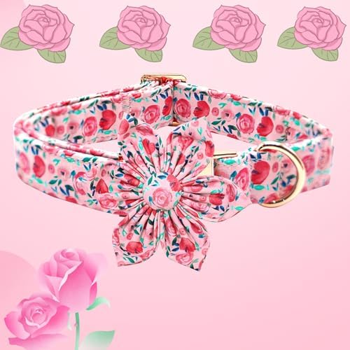 Dog Collar Cute Pink Flowers Print Pet Collar Soft Girl Dog Collar with Flower Adjustable Metal Buckle Collar Gift Collar for X-Large Dogs