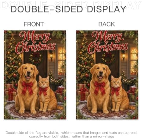 Christmas Pet House Flag 28x40 Inch Merry Holiday Golden Retriever Orange Cat Red Bows Tree Gifts Snowy Farmhouse Outdoor Yard Lawn Porch Double Sided Banner Welcome Decor