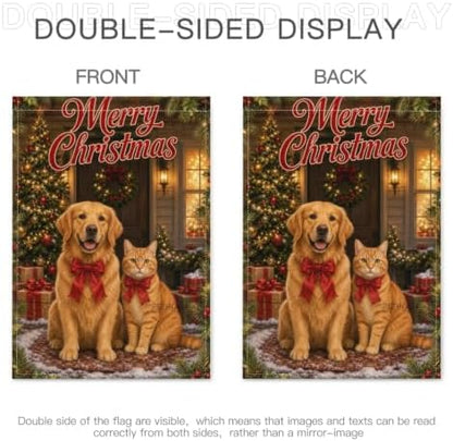 Christmas Pet House Flag 28x40 Inch Merry Holiday Golden Retriever Orange Cat Red Bows Tree Gifts Snowy Farmhouse Outdoor Yard Lawn Porch Double Sided Banner Welcome Decor
