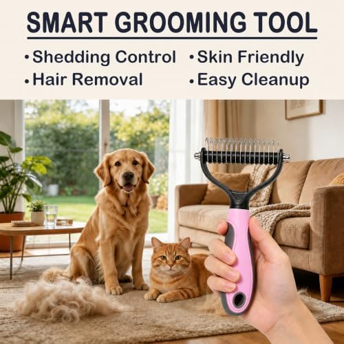 Pet Grooming Brush - Double-Sided Dematting Comb & Deshedding Tool for Dogs and Cats, Effortless Hair Removal, Ideal for Long-Haired Breeds, Reduce Shedding (1, Blue, Small)