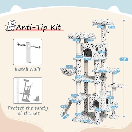 SHA CERLIN 82 inch, Multi-Level Cat Tree Tower for Indoor Cats, Cat Condo with Sisal Scratching Posts, Plush Perches, Hammocks, Toy Balls, White & Black Spot