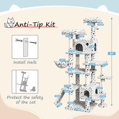 SHA CERLIN 82 inch, Multi-Level Cat Tree Tower for Indoor Cats, Cat Condo with Sisal Scratching Posts, Plush Perches, Hammocks, Toy Balls, White & Black Spot