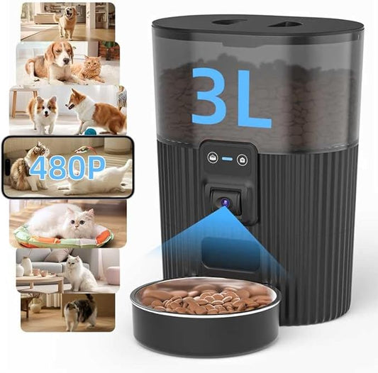 PAPIFEED Automatic Cat Feeder with Camera, Adjustable Angle 2.4G WiFi Pet Feeder 3L/12 Cup Timed Dispenser,Timed Feeder for Remote Feeding with Stainless Steel Bowl up to 10 Meals Per Day with APP