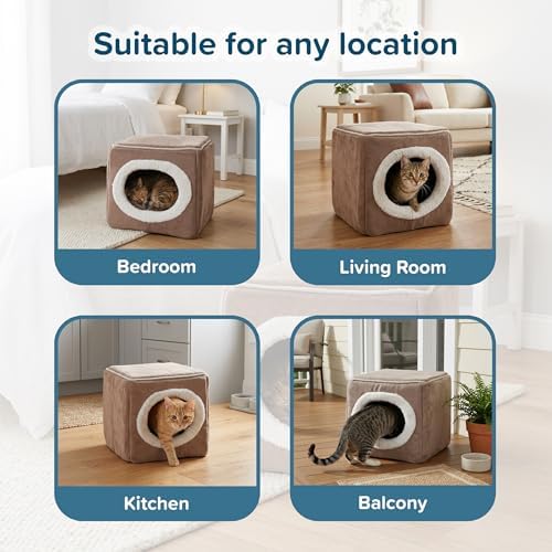 Cat House - Indoor Bed with Removable Foam Cushion - Cat Cave for Puppies, Rabbits, Guinea Pigs, and Other Small Animals by PETMAKER (Light Brown)