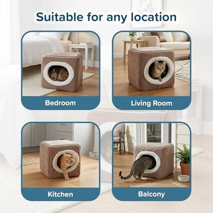 Cat House - Indoor Bed with Removable Foam Cushion - Cat Cave for Puppies, Rabbits, Guinea Pigs, and Other Small Animals by PETMAKER (Light Brown)