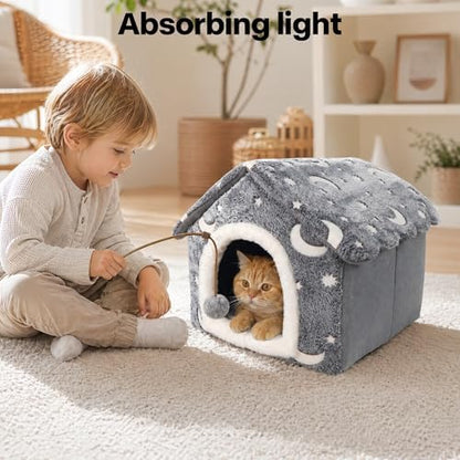 PAWISE Glow in the Dark Cat Bed, Foldable Cat Cave House Tent for Indoor Cats with Stars Moon Print, Soft Warm Washable Kitty Hideaway Nest, Cozy Pet Hut (15.7"x14.5"x13.5")
