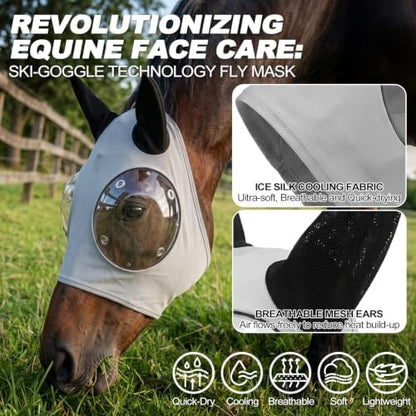 Horse Fly Mask with Ears - Ice Silk Cooling Fabric for Summer, Upgraded Anti-Fog & UV Blocking Ski-Grade Eye Mesh, Breathable Mosquito Insect Sun Mask for Horses
