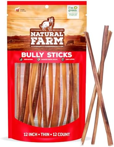 Natural Farm Odor-Free Thin Bully Sticks (12”, 12-Pack) All-Natural Dog Chews, 100% Beef Pizzle, Grass-Fed, Grain-Free, Protein for Muscle Development & Energy, Perfect for Small & Senior Dogs