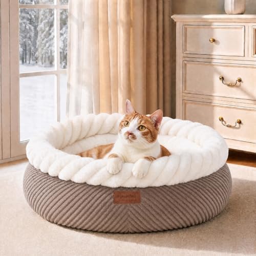 FUKUMARU Cute Round Cat Bed, Calming Donut Small Dog Beds, Washable