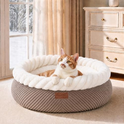 FUKUMARU Cute Round Cat Bed, Calming Donut Small Dog Beds, Washable